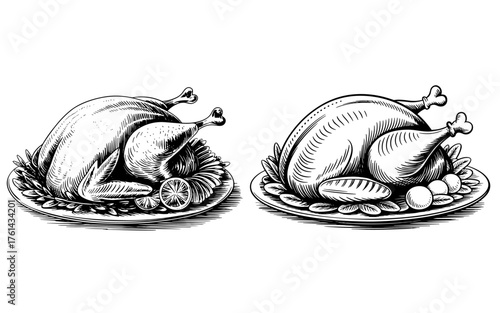 Detailed black and white illustration of two roasted turkeys on platters surrounded by garnishes, perfect for holiday, food, or menu design.