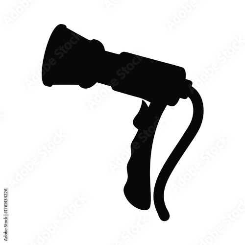 Silhouette of a black garden hose nozzle against a white background
