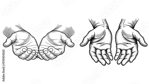 Black and white engraving of two pairs of open human hands held together, symbolizing giving, receiving, help, care, and generosity.
