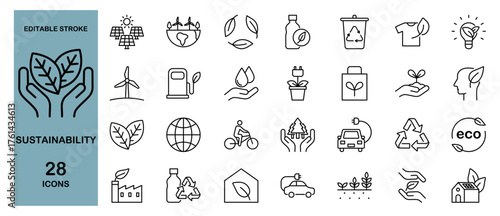 Sustainability Icon Set – Ecology, Environment, Green and Recycling. Editable Stroke, Vector Illustration