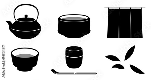 抹茶・鉄瓶・お抹茶Matchaのイラスト白黒