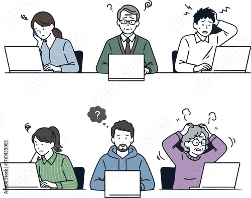 Simple Vector Illustration Material of a Business Person Troubled in Front of a PC