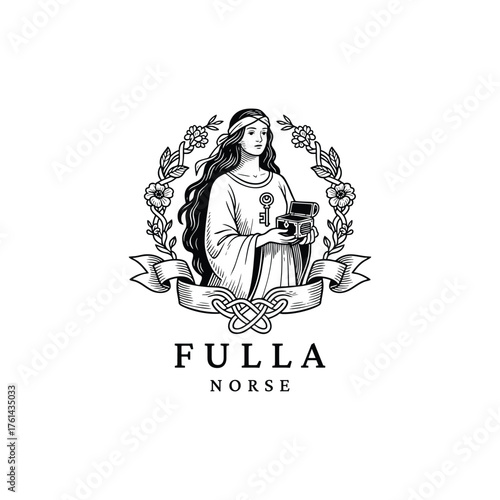 illustration of the Norse goddess Fulla, holding a sacred key and a small casket, framed by an elegant floral wreath