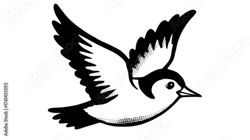 a small bird in flight with spread wings, vintage graphic symbol of freedom and nature.