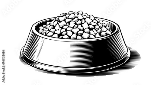 a metal bowl filled with dry pet food, detailed engraving showing texture and feeding concept for animals.