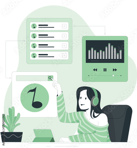 Woman listening to music with headphones and interacting with music app application