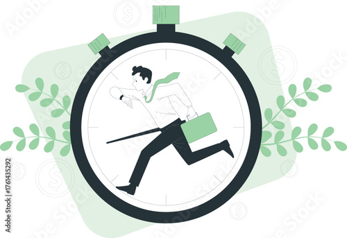 Businessman running inside a stopwatch with dollar signs and leaves time clock