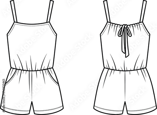 Women’s sleeveless romper flat fashion vector, spaghetti strap short jumpsuit CAD drawing front and back, apparel design template