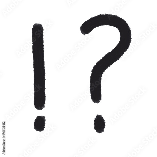Black hand-drawn punctuation marks in doodle style. Exclamation and question mark painted with brush strokes, isolated on a white background.
