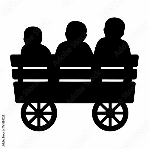Silhouette of three figures in a wagon on two large spoked wheels