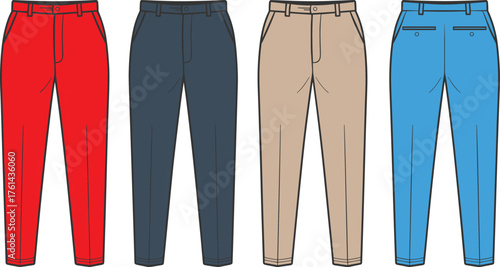 Men’s slim fit trousers front and back view vector illustration, stylish chino pants CAD drawing, modern fashion flat template
