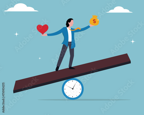 Career decision choose between  money or love, passion. Making decision between high paid job or passionate, Businessman balancing work on clock, between heart and money coin.