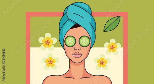 Woman enjoying beauty spa treatment with cucumber and flower art