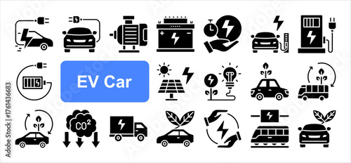 EV Car icon set, with vehicle, Electric car, Battery power, Charging station, Renewable energy, Zero emission, Sustainable mobility.  Simple flat vector.	