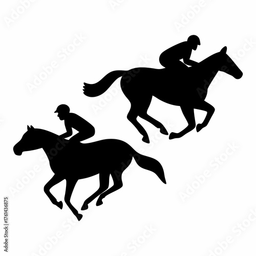 Silhouetted image depicting horse racing with two horses in action and riders