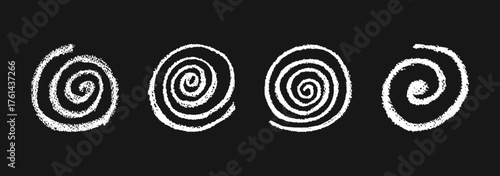 Vector collection of round spiral doodles in white crayon, pastel, chalk and charcoal. Kid-style wax squiggle swirls show liquid splash motion, curvy spin movement, like on a school chalkboard.