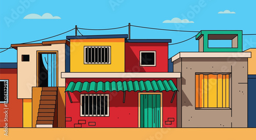 Cartoon cityscape colorful buildings bright sky urban landscape art