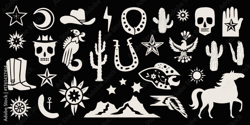 Obraz premium Collection of western and southwestern themed icons and symbols in white on a black background