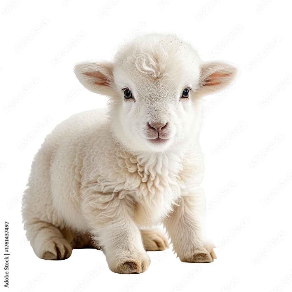 Fototapeta premium Cute, fluffy lamb sits. Soft wool. Big, inquisitive eyes