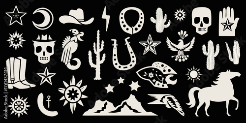 Collection of western and southwestern themed icons and symbols in white on a black background