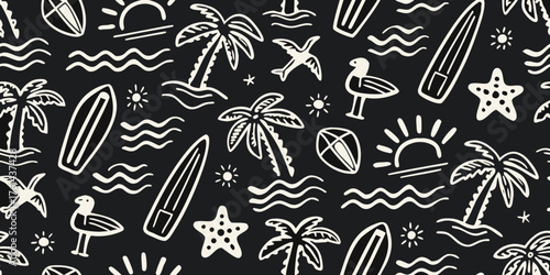 Whimsical hand drawn black and white beach pattern with surfboards palm trees and ocean waves