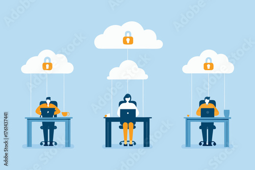 Secure cloud computing concept with people working on laptops connected to locked clouds