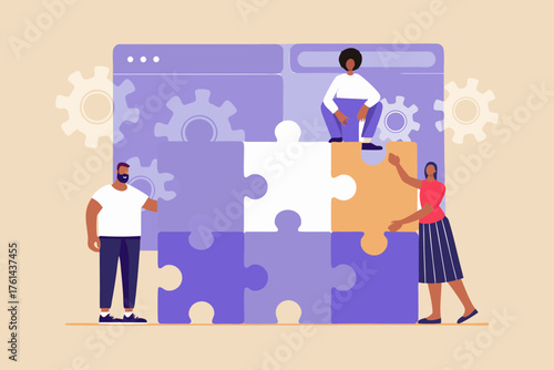 Diverse team collaborating to assemble a complex puzzle representing a digital interface or project