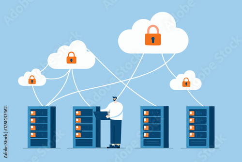 Man working on laptop connected to secure cloud servers and data storage network