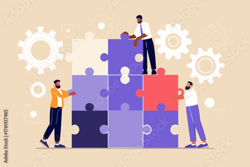 Diverse team of people collaborating to assemble a large puzzle symbolizing teamwork and problem solving