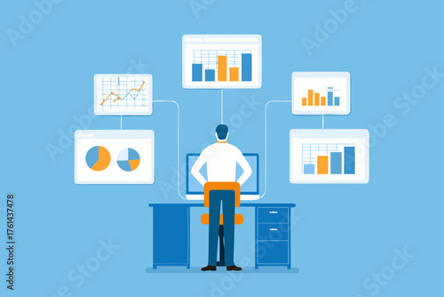 Business analyst reviewing multiple data charts and graphs on computer screens at a modern desk
