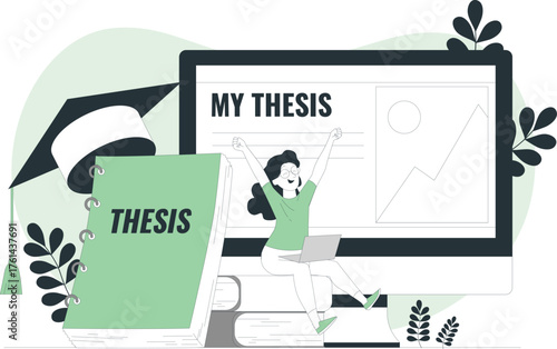 Student celebrating thesis completion with graduation cap and books Keywords: thesis, graduation, student, celebration, success, achievement, education, academic, university, college, research