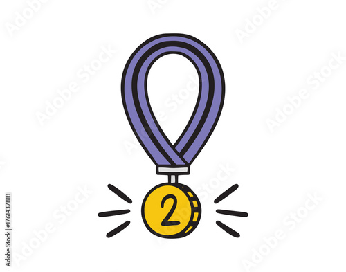 medal second place. Medal 2 icon doodle hand drawn. gold, yellow, cartoon line drawing clipart symbol