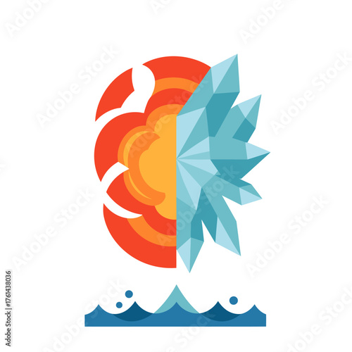 An abstract digital illustration showcasing the dramatic opposition of a blazing sun and jagged ice crystals, embodying the fundamental forces of hot and cold.