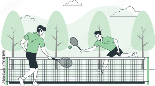 Two men playing tennis on a court with trees and clouds in the background Keywords: tennis, sport, recreation, game, players, court, net, rackets, ball, outdoor, activity, competition, match