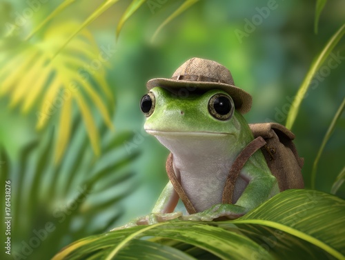 Tree frog wearing a small explorer hat, with a mini backpack, tropical background