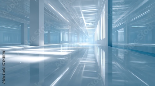 Minimalist Blue-White Futuristic Tech Corridor: Speed-Sense Space Scene