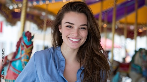 Wallpaper Mural A woman with long brown hair is smiling and wearing a blue shirt Torontodigital.ca