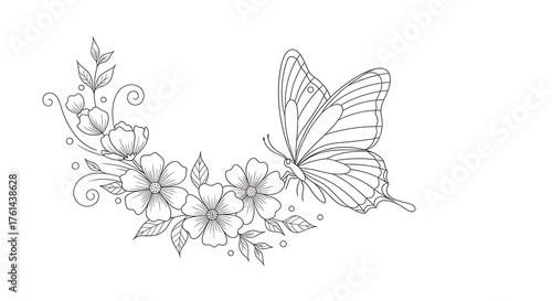 Decorative butterfly with floral swirls, elegant black and white line art vector.”