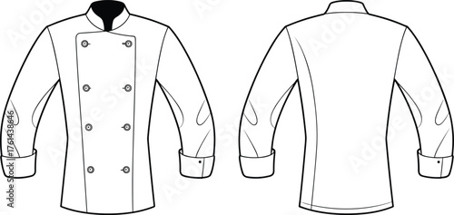 Chef jacket flat sketch, professional kitchen uniform technical drawing, double breasted coat design, apparel cad template, garment vector illustration, clothing design