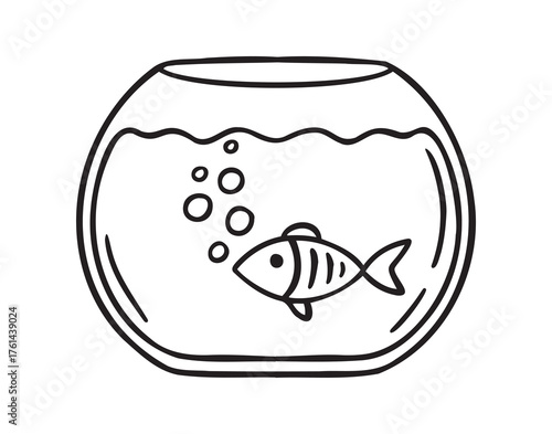 Goldfish or fish in round aquarium icon doodle hand drawn. Outline line drawing clipart symbol
