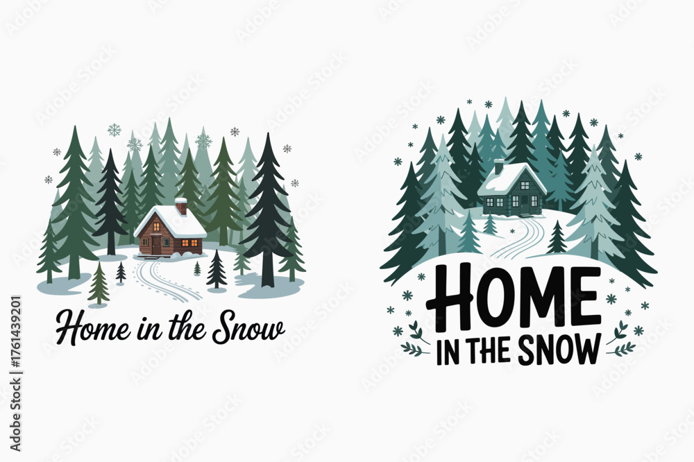 Obraz premium Cozy cabin nestled in snowy evergreen forest winter