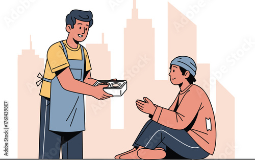Vector art of volunteer giving food to a homeless person in city