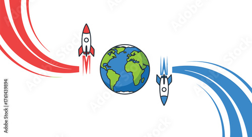 Vector art of rockets launching from earth into space