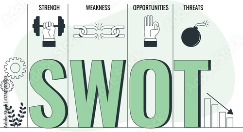 SWOT analysis chart with icons for strength weakness opportunities threats swot business