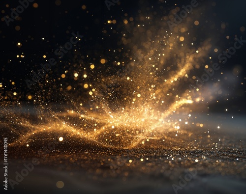 Golden glitter particles floating and sparkling in the air with bright streaks and bokeh effects creating a magical and festive atmosphere in a dark background