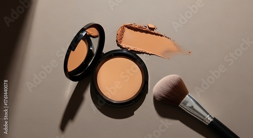 A stylish composition of a bronzed compact powder and makeup brush arranged on a matte taupe surface.