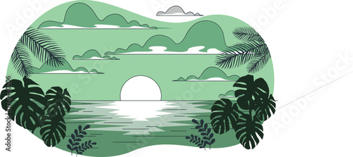 Tropical Sunset Over Calm Ocean with Palm Leaves and Mountains beach