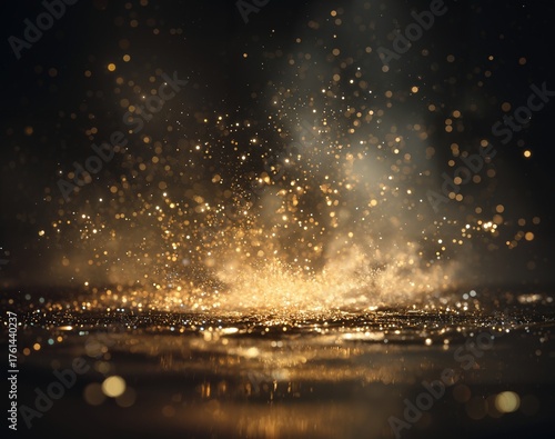 Golden glitter dust particles sparkling in midair with a dark background, creating a festive, magical, and luxurious atmosphere for celebration or special event themes