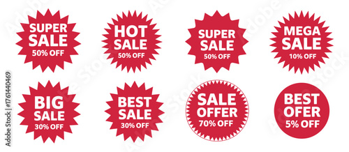 Promo and Sale Price Tag Vector Pack – Red flat labels, discount badges, sticker icons, and starburst designs for retail promotions, seasonal sales, marketing materials, and commercial design use.