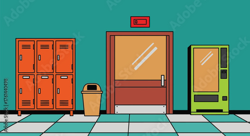 School hallway lockers door vending machine cartoon illustration